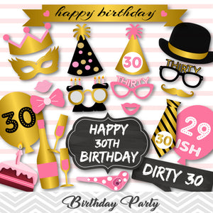 30th Birthday Photo Booth Props, Gold Pink Thirty Birthday Party Photo Booth Props, 0405