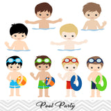 Boys Pool Party Clip Art, Boys Swim Party Clipart, Summer Pool Party Clipart, 00198