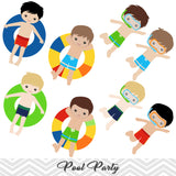Boys Pool Party Clip Art, Boys Swim Party Clipart, Summer Pool Party Clipart, 00198