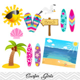 Surfing Girl Digital Clip Art, Summer Beach Party Clipart, Surfer Girl Clip Art, 00164