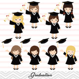 Graduation Girls Clip Art, Girls Graduate Clipart, Preschool Kindergarten Graduation Clipart, 00202
