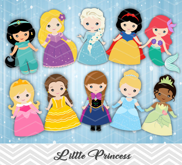 10 Disney Princess Clip Art, Snow White\Cinderella\Belle\Sleeping Beauty\Ariel\Jasmine\Fronzen Elsa, 00169